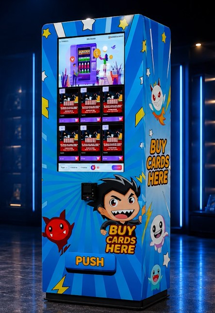 The Vending Smart collectible card machine, touchscreen showing the pack lineup