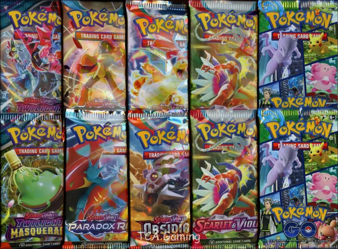 A spread of sealed trading card booster packs of the kind stocked in every Vending Smart machine
